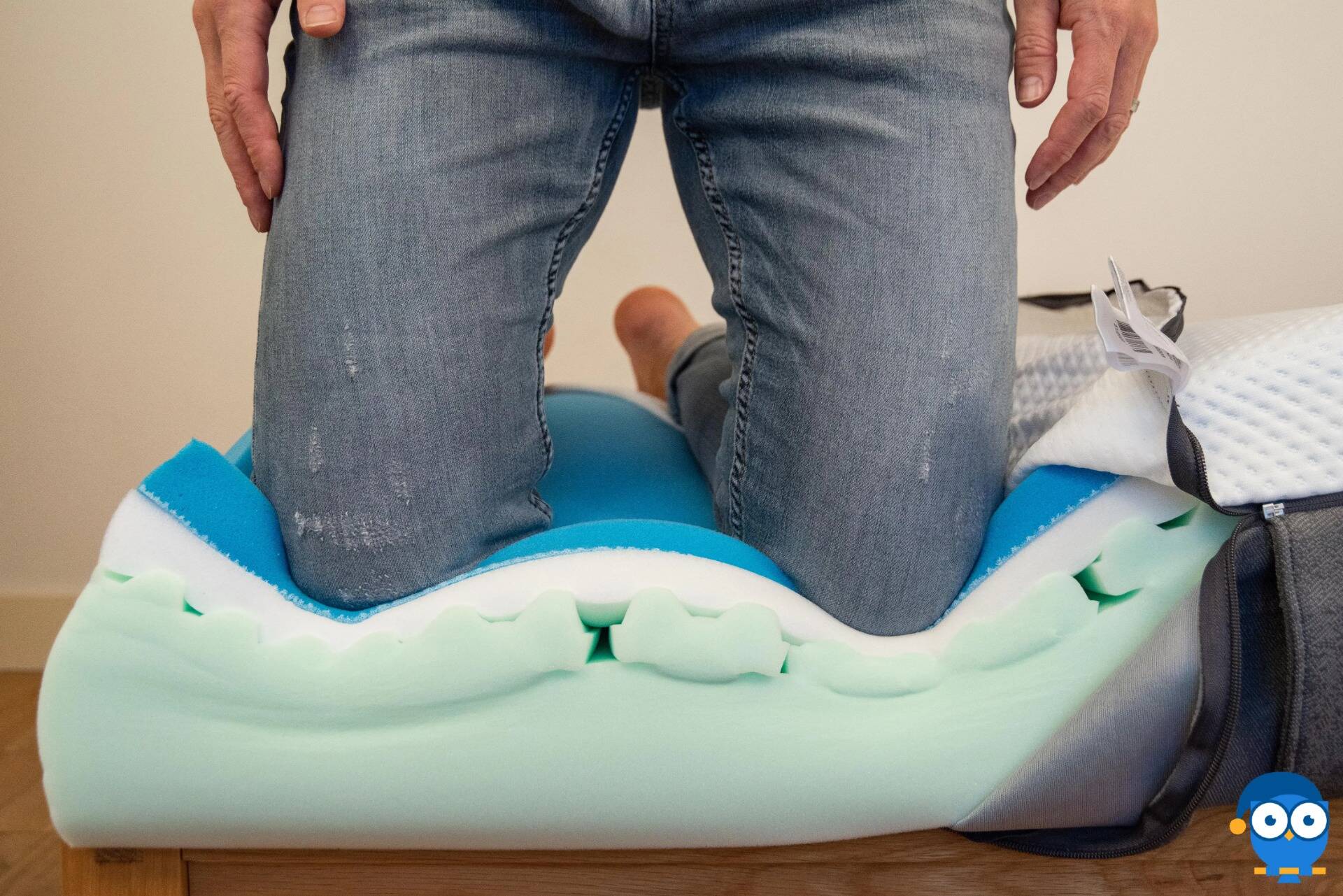 Kneeling on the Emma mattress